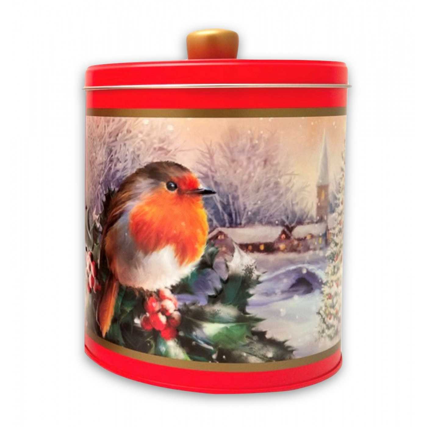 Embossed Robin in a Winter Village Round Tin 300g 6bl