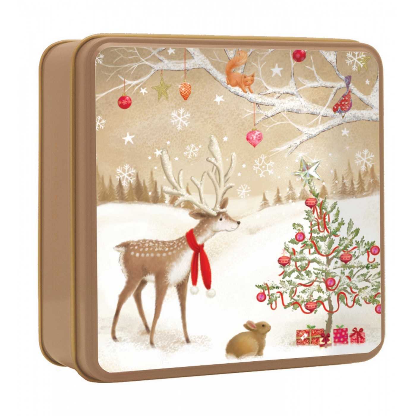 Embossed Christmas Tree with Woodland Friends Tin 100g 12st