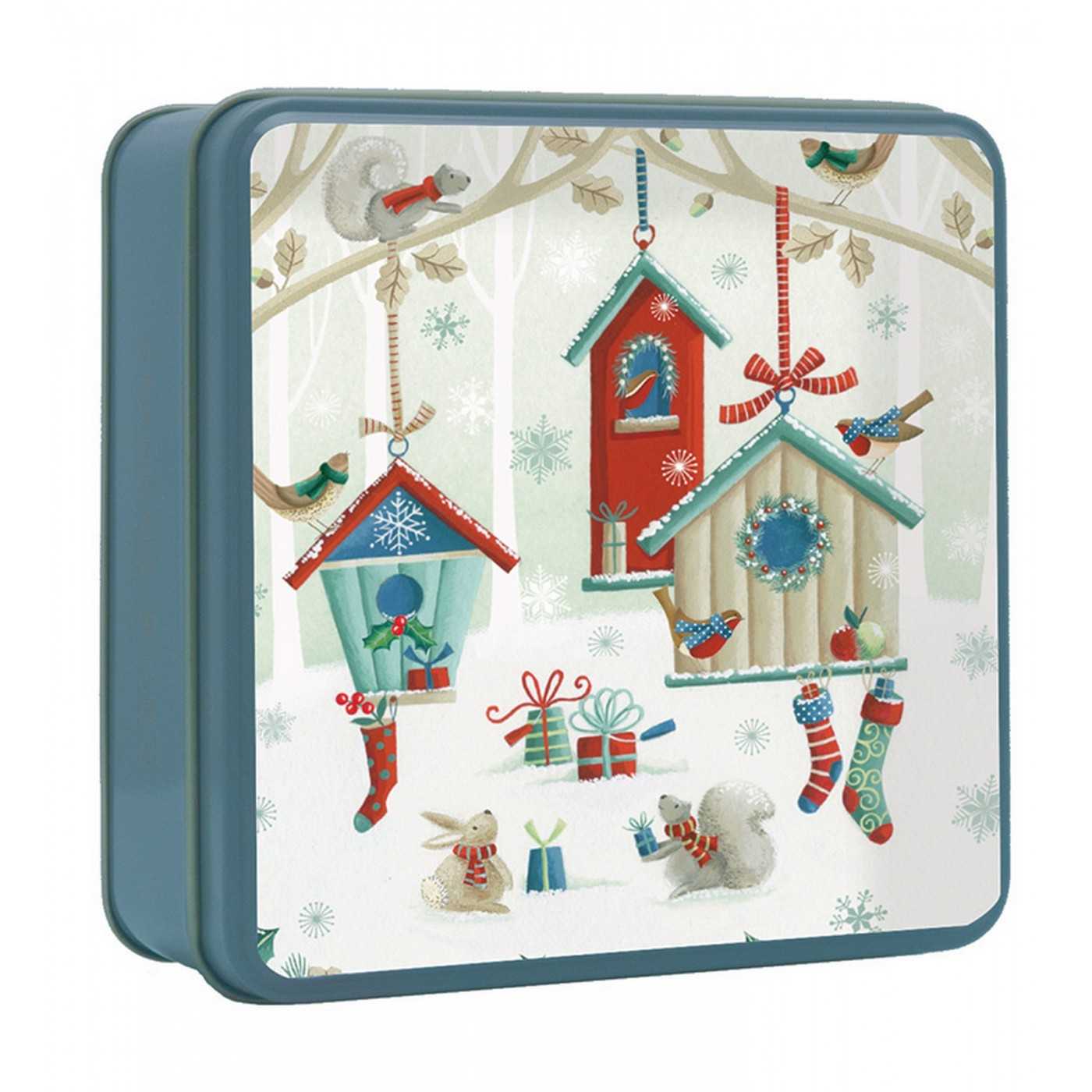 Embossed Winter Bird Houses with Stockings Tin 100g 12st