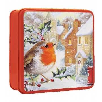Embossed Snowy Robin Square Tin 160g 6bl NIEUW