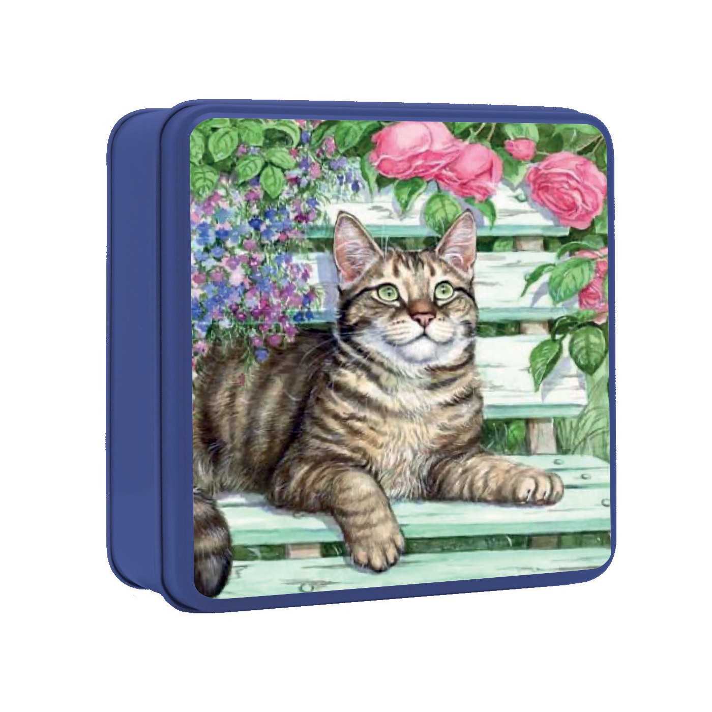 Embossed Tabby Cat on a Garden Bench Tin 100g 12st NIEUW