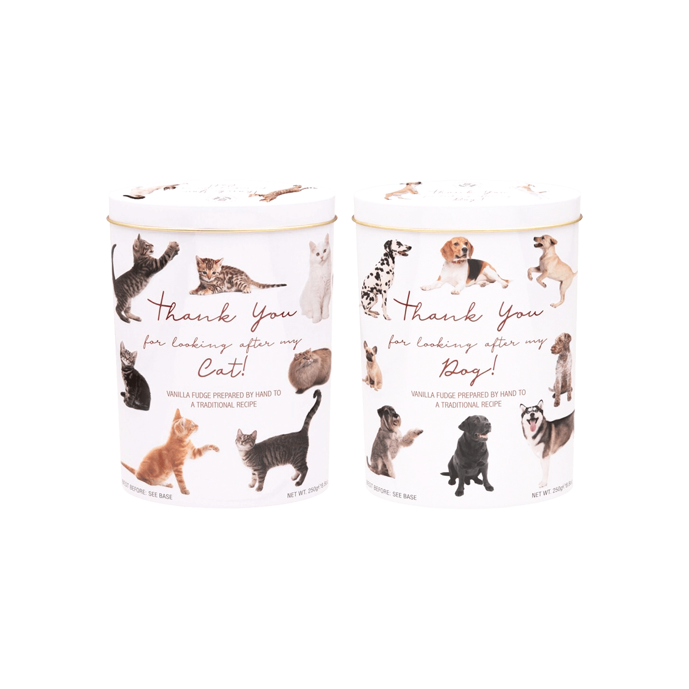 Thank you CAT en DOG Fudge tins ass 250gr 12bl afbeelding | Lambertz & Visser 