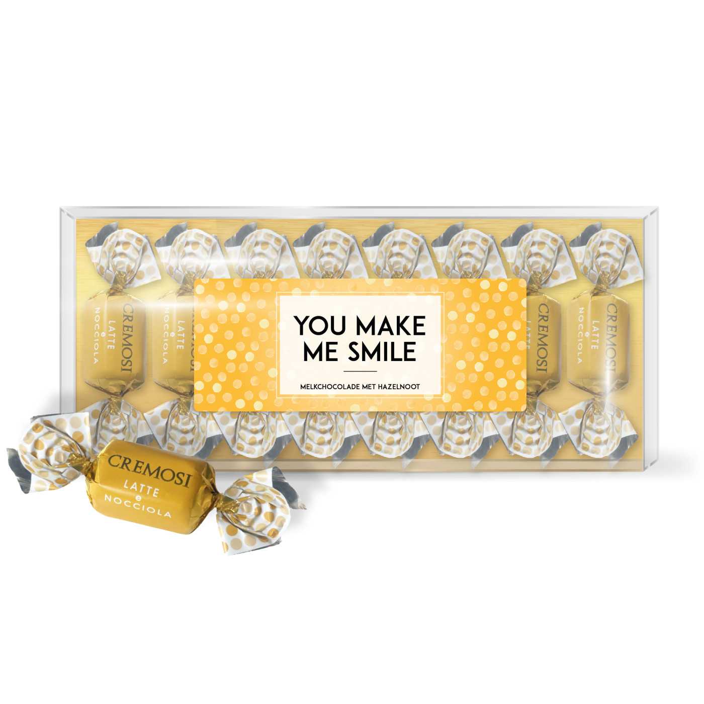 "You make me smile" Melkchocolade hazelnoot blister (goud 10st)