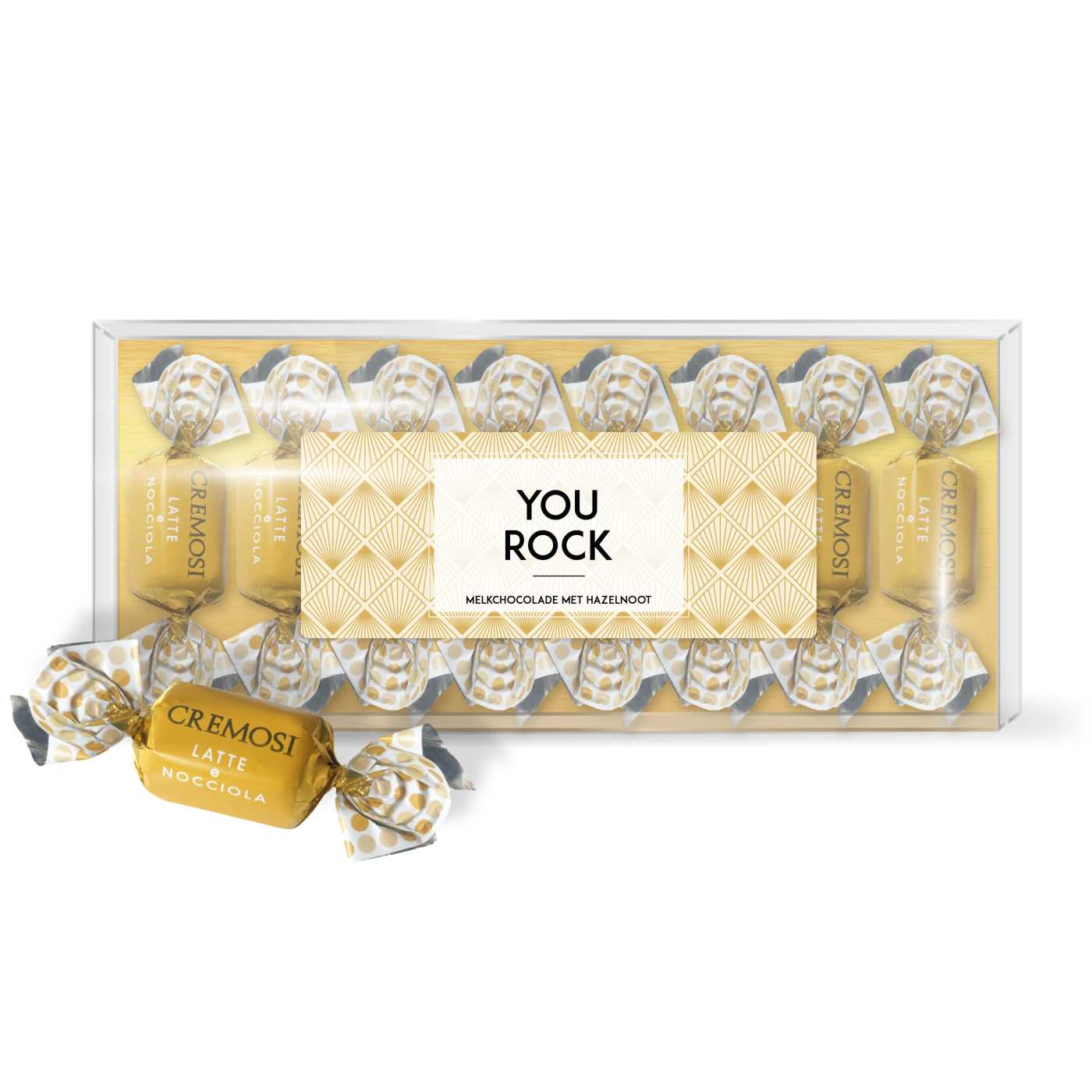 "You Rock" Melkchocolade hazelnoot blister (goud 10st) afbeelding | Lambertz & Visser 