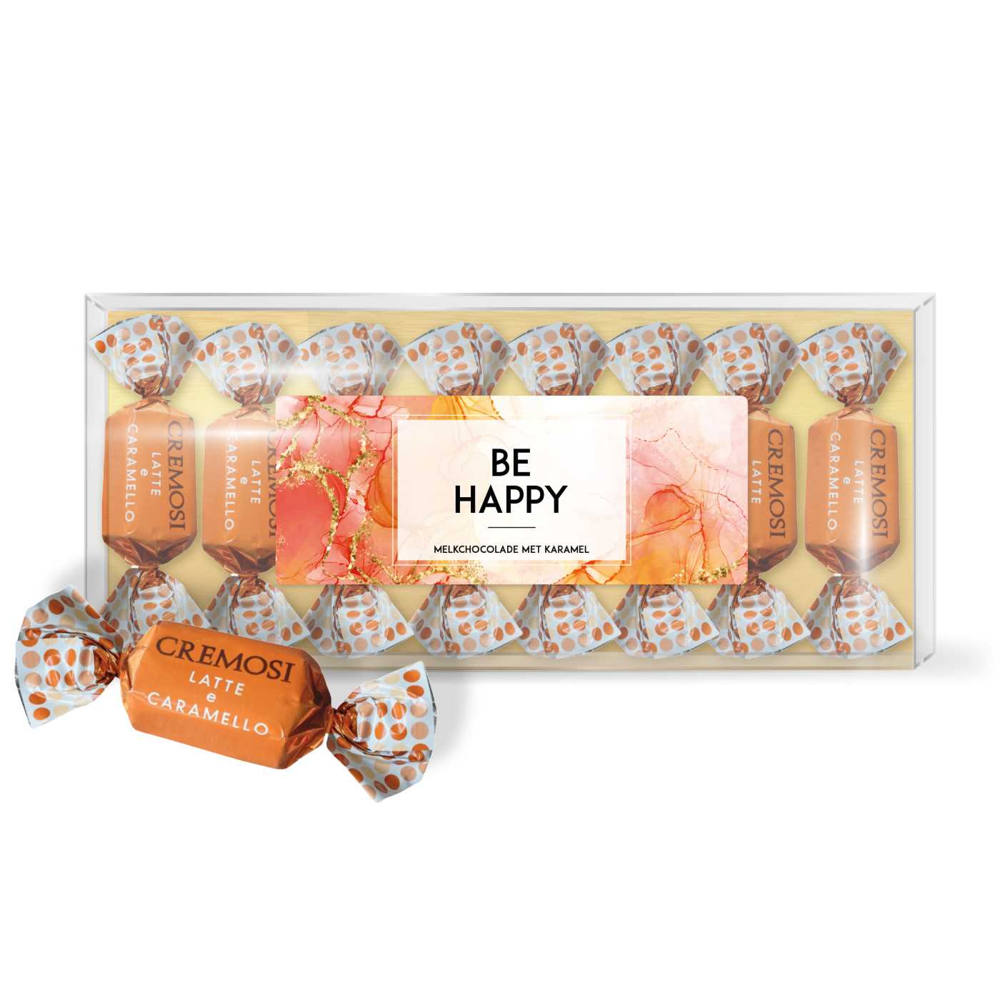 "Be happy" Melkchocolade karamel blister (brons 10st) afbeelding | Lambertz & Visser 